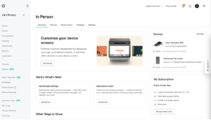 A screenshot of the GoDaddy Point of Sale (POS) dashboard, showing an overview of linked devices, options to customize POS screens, and manage subscriptions.